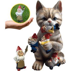 Garden Gnomes Outdoor- Mischievous Cat with Granny - Black Stripes
